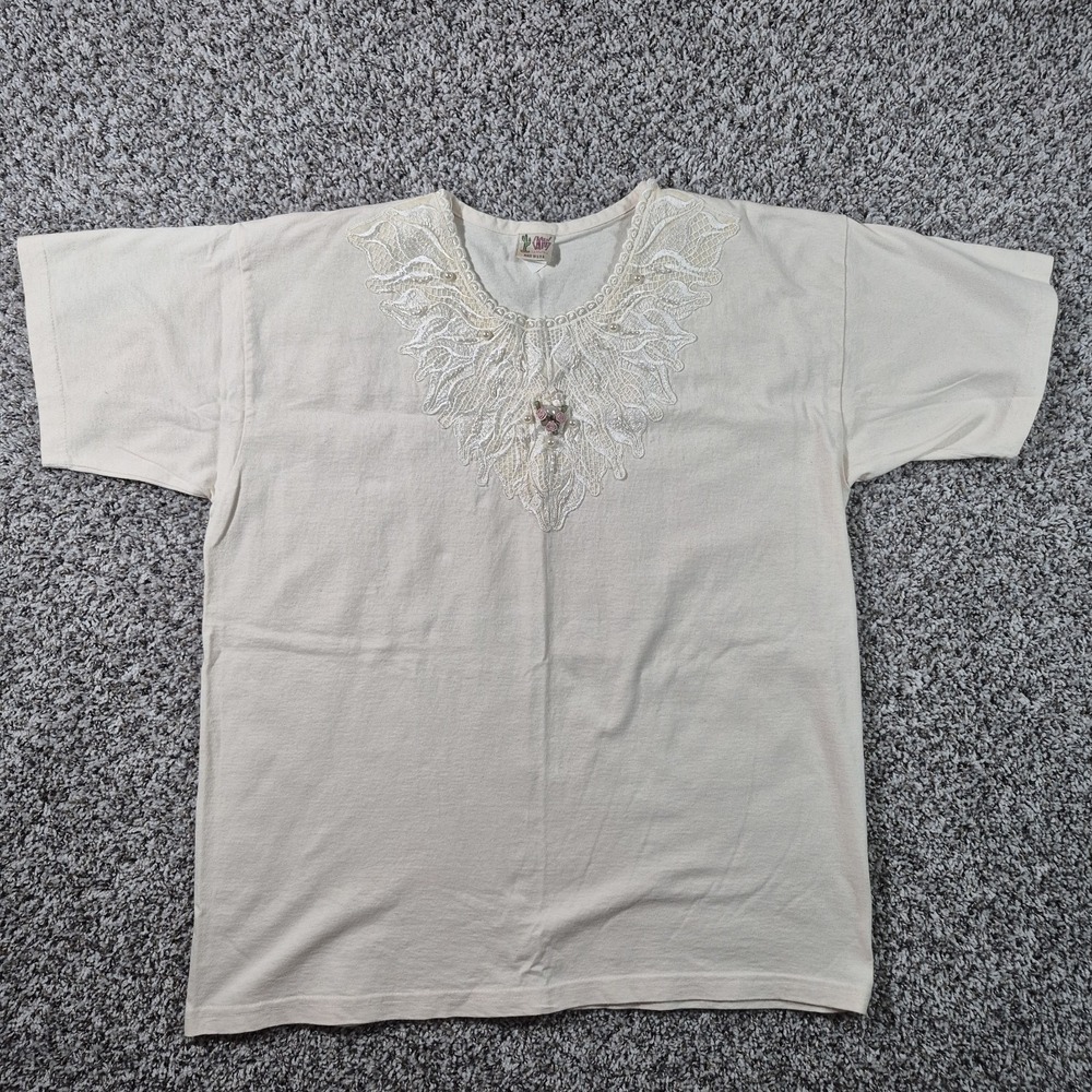 Vintage Cactus California Womens XL Short Sleeve Boho Beaded Lace Made‎ in USA
